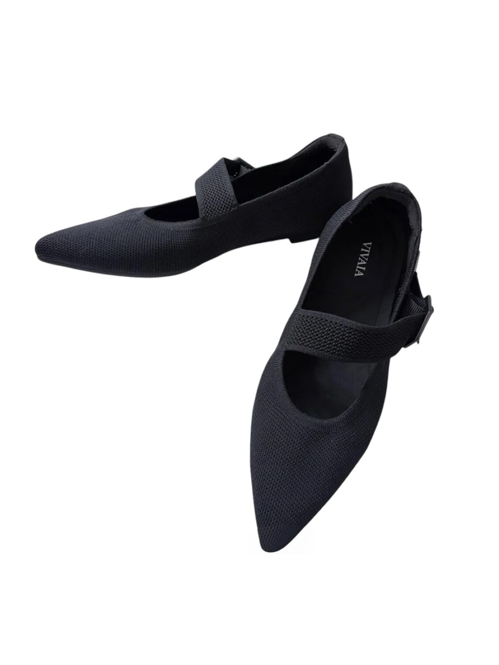 VIVAIA Maria Pointed-Toe Mary-Jane Flats in sleek black knit, size 7